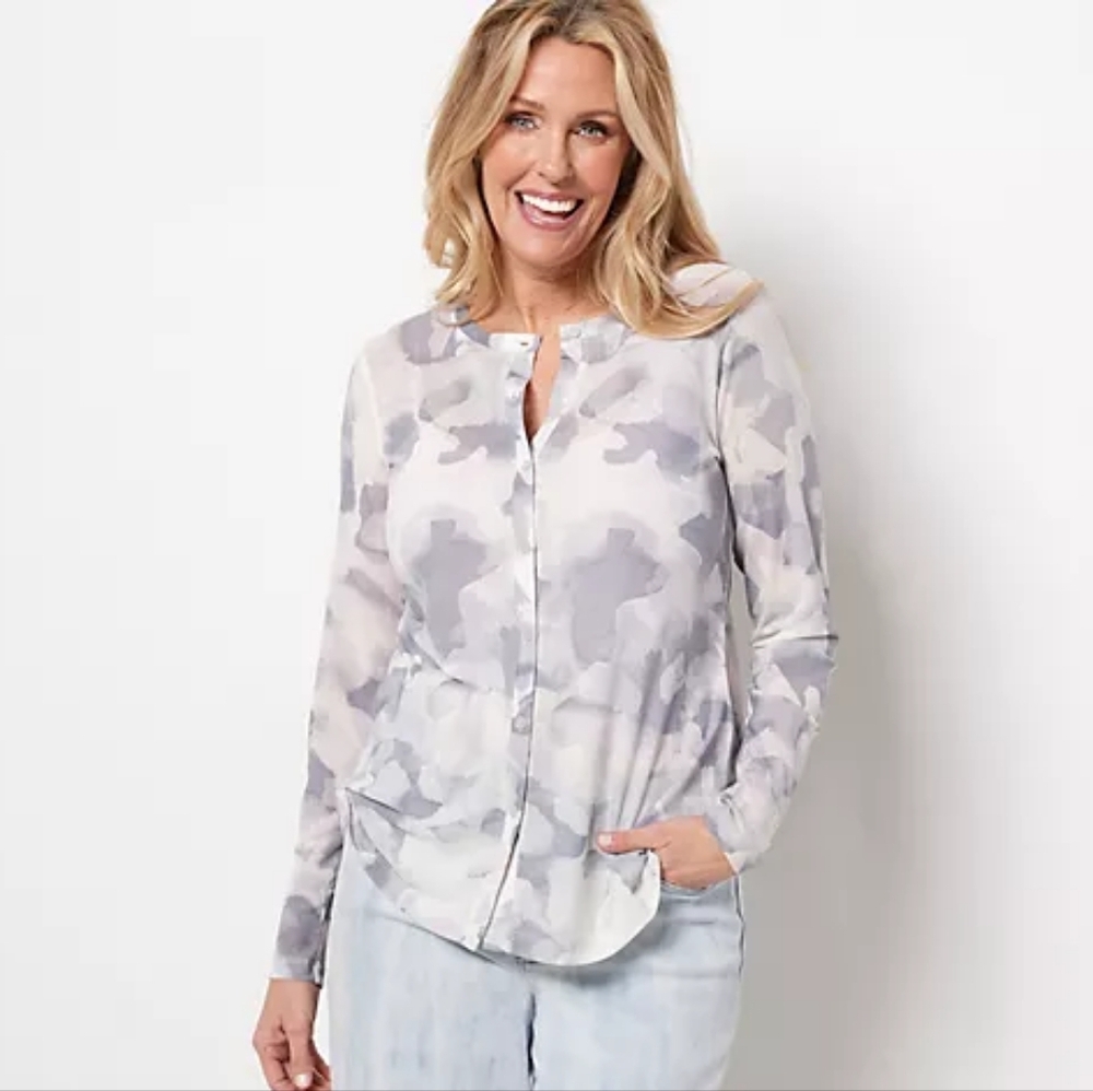 LOGO Layers Lori Goldstein Watercolor Printed Mesh Cardigan in Pearl Size M NWOT
